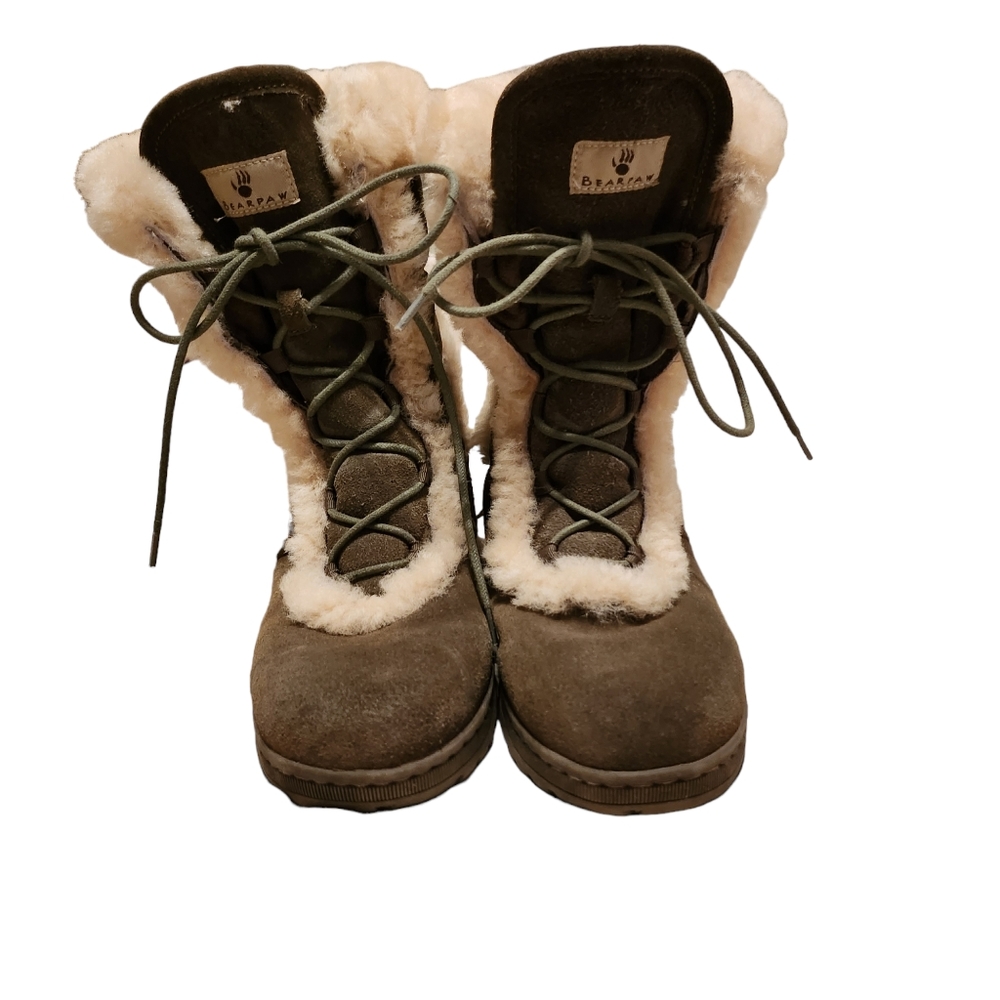 Bearpaw Women's Army Green Lace Up Fur Boots Size 9 - Picture 2 of 9